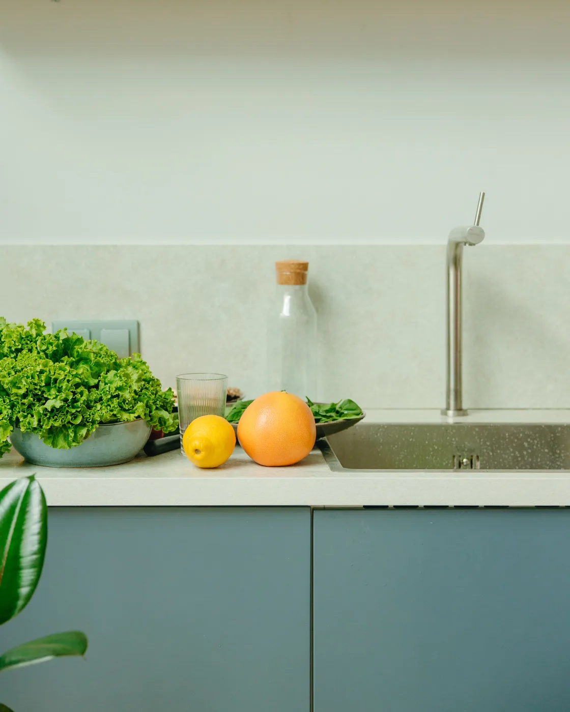Fresh greens and citrus arranged on a clean kitchen counter