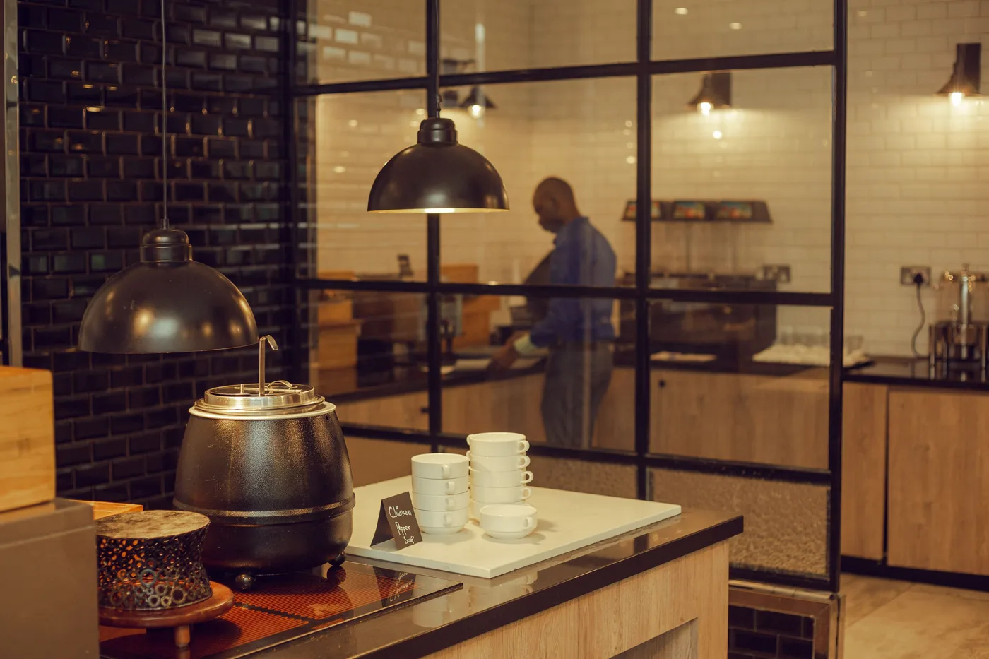 Professional kitchen workspace prepared for food service